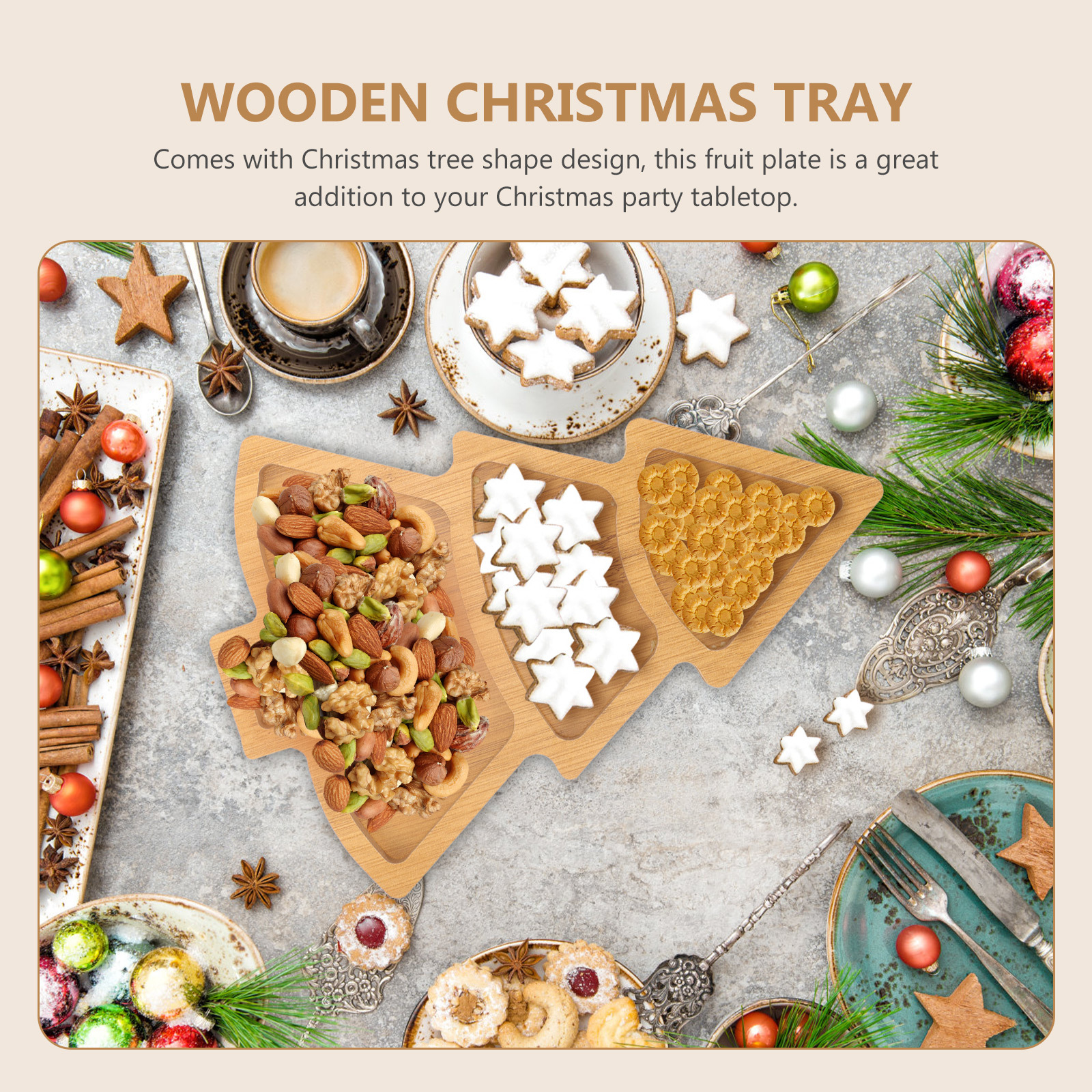 Xmas Food Snacks - Wood Christmas Tree Plate Serving Tray